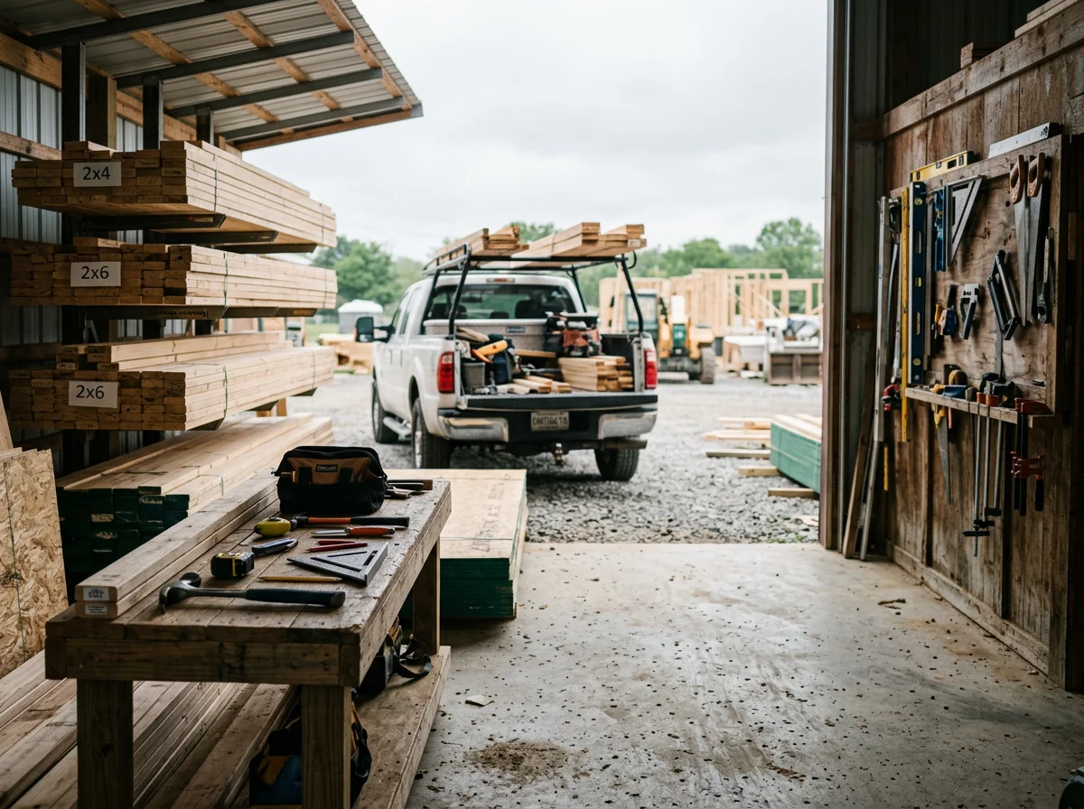 Construction site or job site showing active building work, tools, and materials typical of residential home building operations.