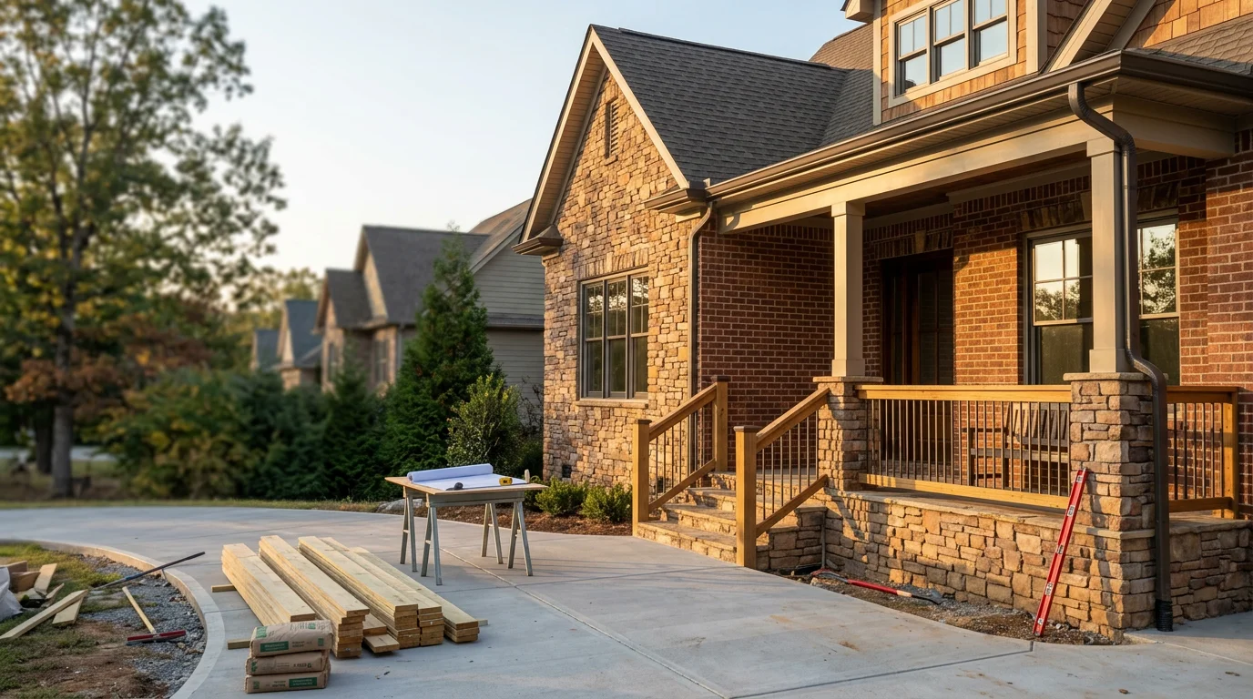Custom home under construction with framing and foundation work visible