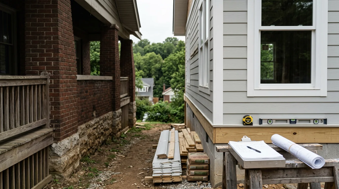 General contractor team reviewing blueprints on a residential construction site