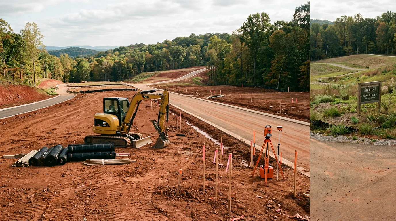Residential development site with cleared land and newly cut roads