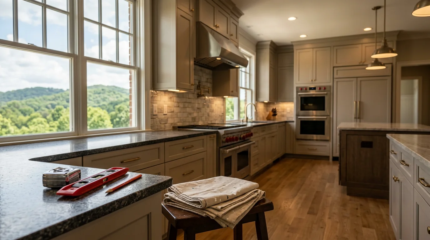 Modern kitchen remodel with new cabinets, countertops, and lighting