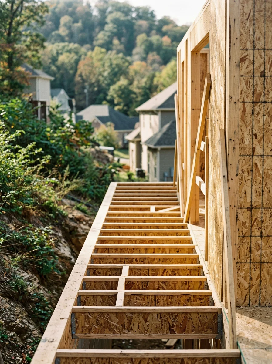 Close-up of a framed custom home addition in a Chattanooga neighborhood, showing engineered floor joists and exterior sheathing on a hillside parcel.