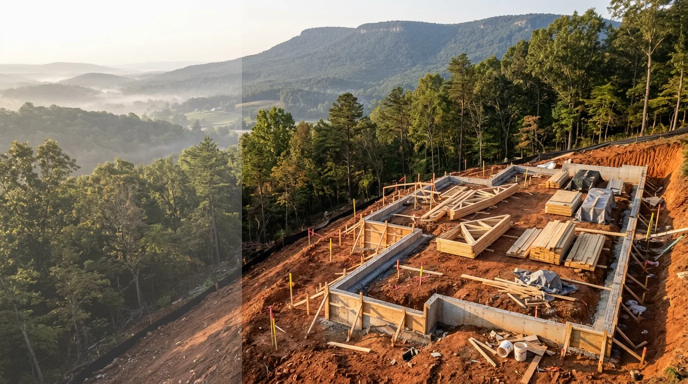 Aerial view of a new custom home under construction on a sloped lot in Chattanooga, Tennessee, with mountain ridgelines visible in the background.