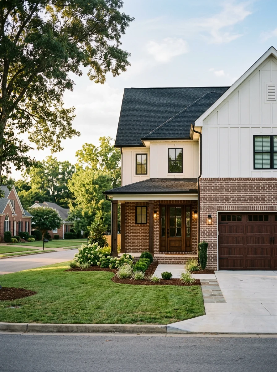 Finished luxury spec home exterior in Cleveland, TN, featuring a brick and board-and-batten facade, covered front porch, and a two-car garage on a flat residential lot.