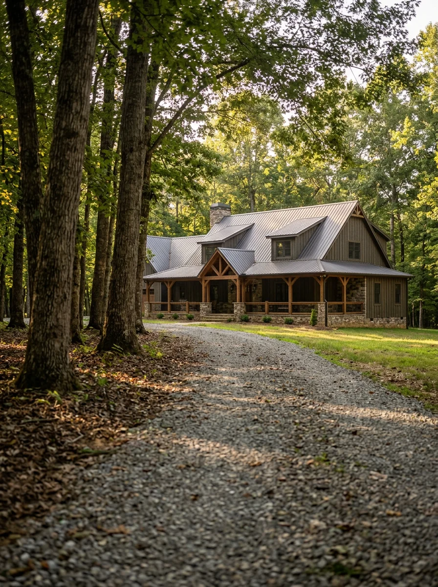 Finished custom home on a rural Dunlap, TN property, featuring a covered wraparound porch, metal roof, and a long gravel driveway cut through a wooded acreage lot.