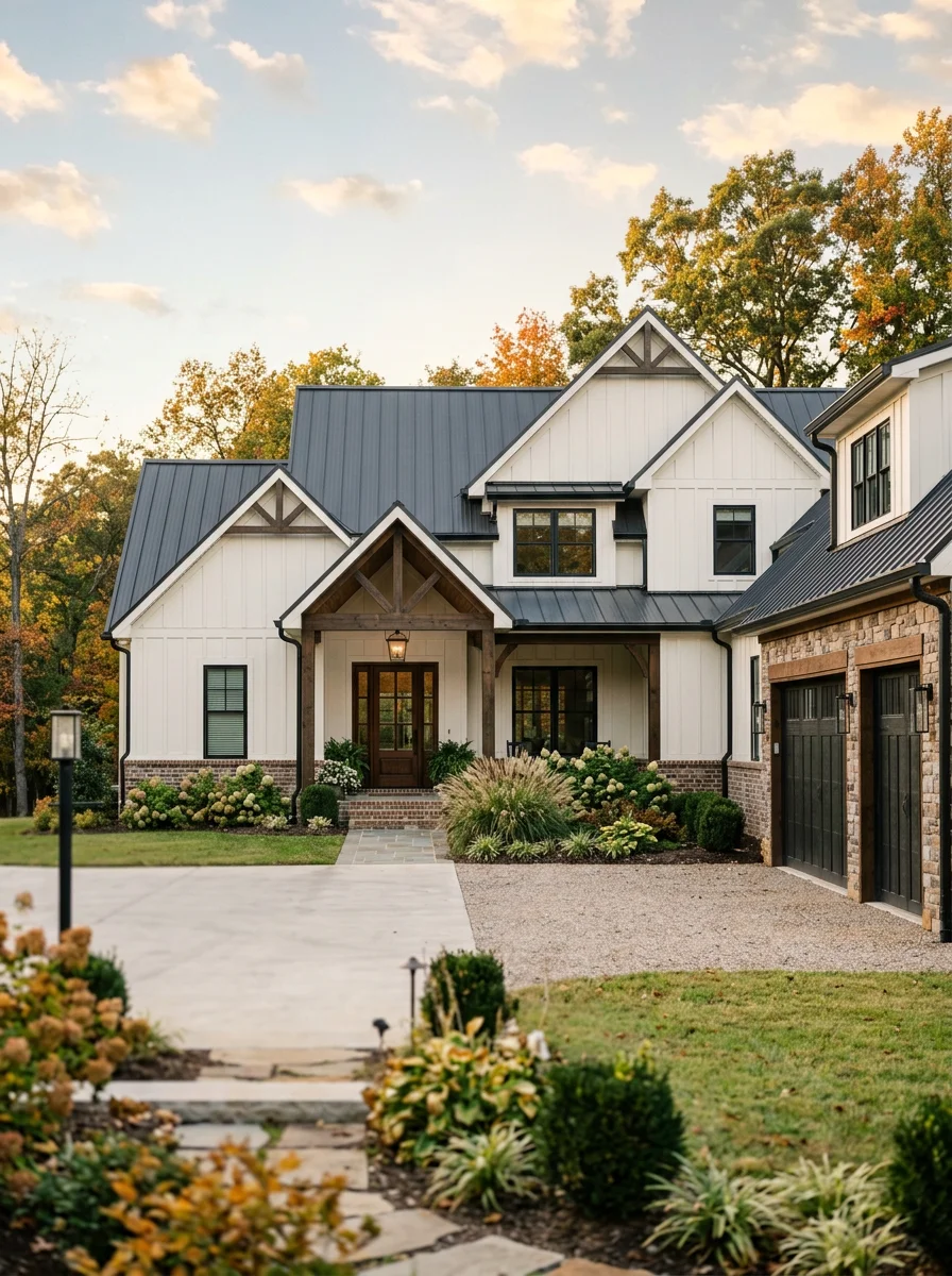 Finished custom home exterior in East Brainerd, TN, featuring a covered front porch, board-and-batten siding, and a three-car garage on a spacious residential lot.