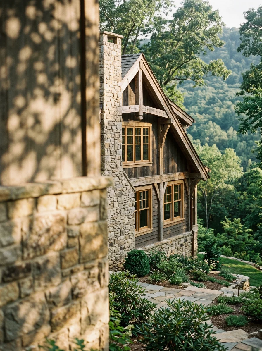 Luxury remodeled historic home on Lookout Mountain, TN, featuring restored stone exterior, updated windows, and a terraced yard cut into the ridgeline slope.
