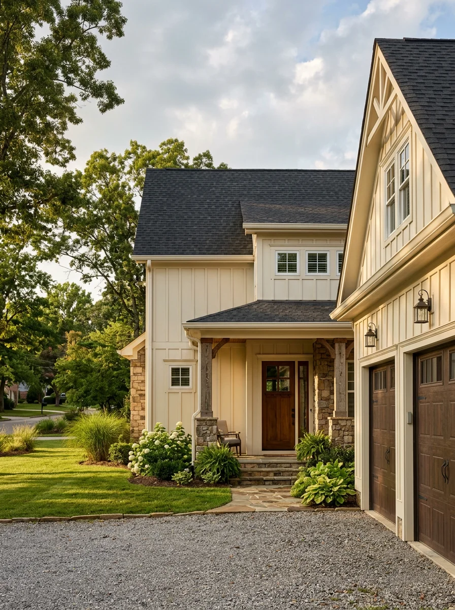 Luxury custom home exterior in Ooltewah, TN, featuring board-and-batten siding, a three-car garage, and a covered front porch on a spacious corner lot.