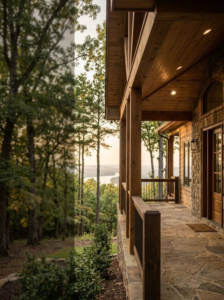 Finished luxury custom home on a large wooded Signal Mountain lot, featuring a covered porch with views toward the Tennessee Valley below.