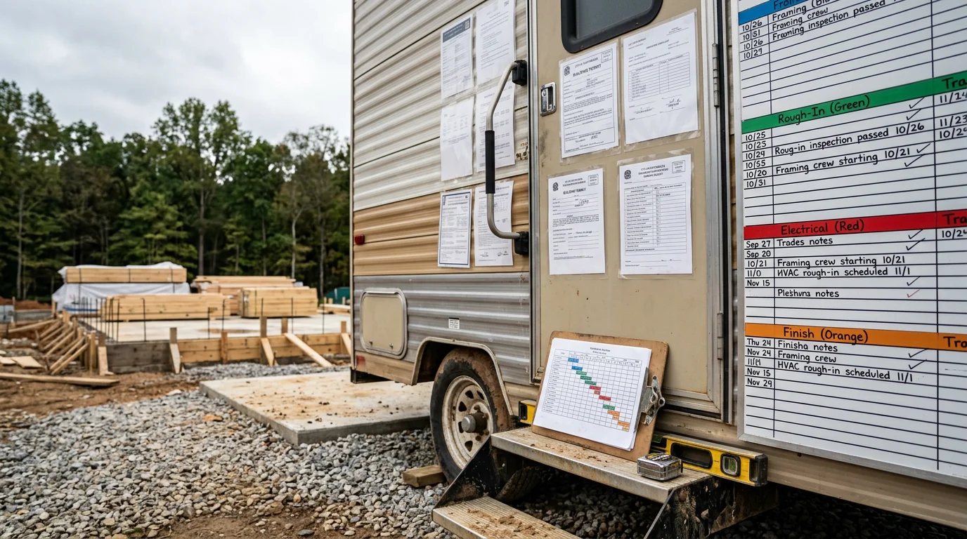 A construction site in Chattanooga, TN showing framing in progress with a detailed scheduling board visible, reflecting active daily site management by a general contractor.