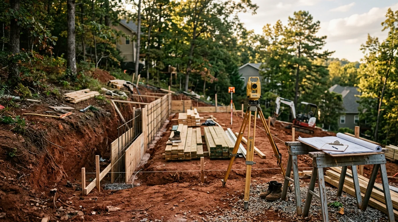 Newly constructed custom home built by White Construction and Development in the Chattanooga, TN area, showing framed exterior and finished roofline on a residential lot. Ground-level view of a completed single-family custom build in Hamilton County with surrounding tree line visible.
