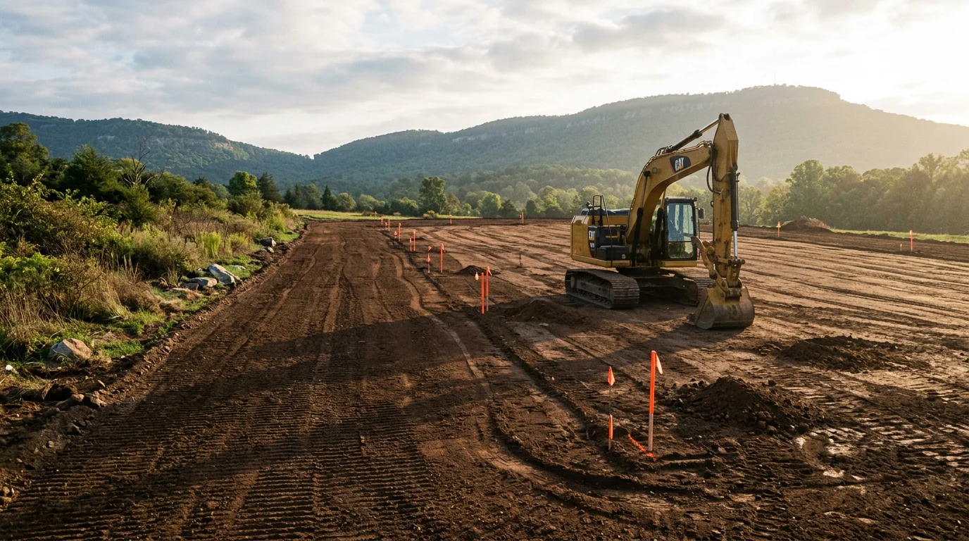 Graded and shaped land parcel in the Chattanooga, TN area with earthmoving work complete and drainage contours visible across the site. The cleared lot shows cut-and-fill preparation ready for road and utility installation as part of a horizontal construction project.