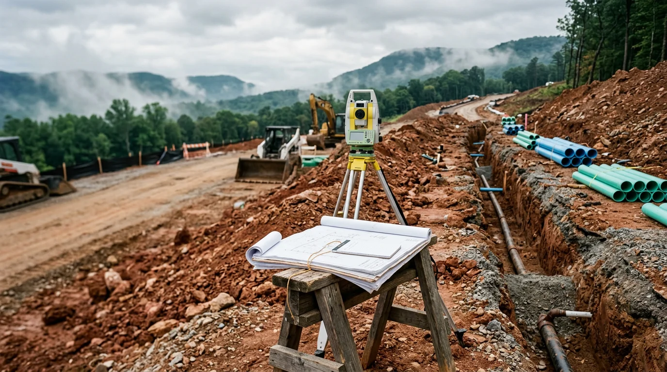 Underground utility and drainage infrastructure installation on a raw development site in Chattanooga, TN, with trenching and subsurface pipe work visible across graded terrain. Site preparation work in progress with surrounding Hamilton County landscape in the background.