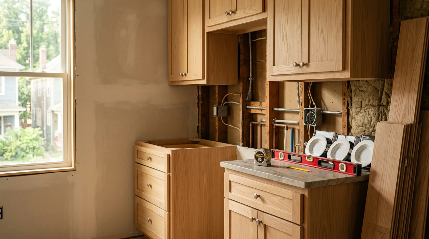 Finished kitchen remodel in a Chattanooga, TN home showing updated cabinetry, countertops, and lighting. Interior view of a renovated kitchen with clean lines and functional layout typical of residential remodeling work in the Chattanooga area.