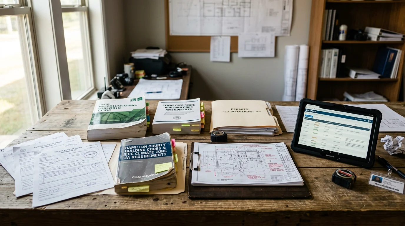 A residential construction site in Chattanooga, TN with framing underway and a posted building permit visible on-site. A contractor reviews permit documents during a daily site walkthrough in a Hamilton County neighborhood.