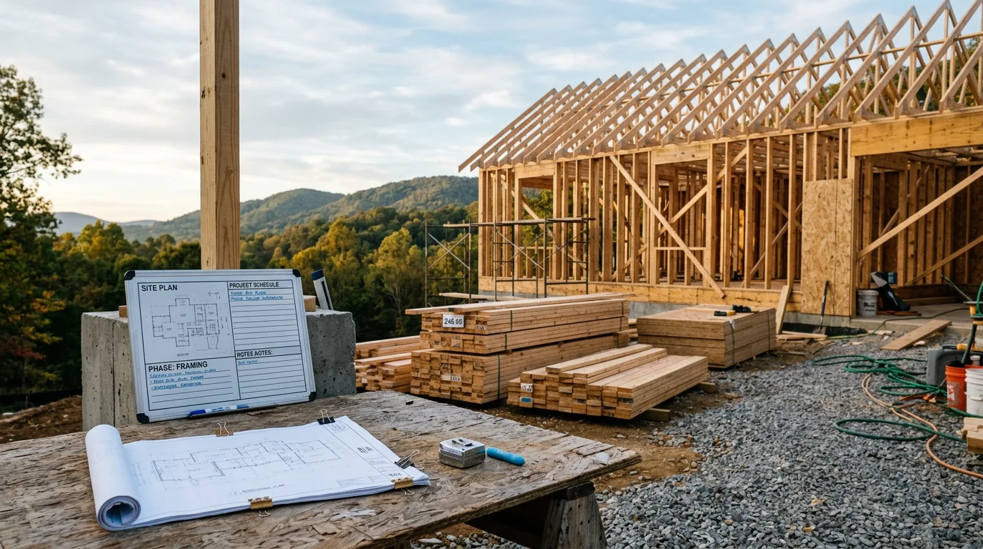 A general contractor reviewing construction progress on a residential build site in Chattanooga, Tennessee, with framed walls and active trade work visible in the background. The coordinator is on-site inspecting sequencing and scope alignment during an active phase of the project.
