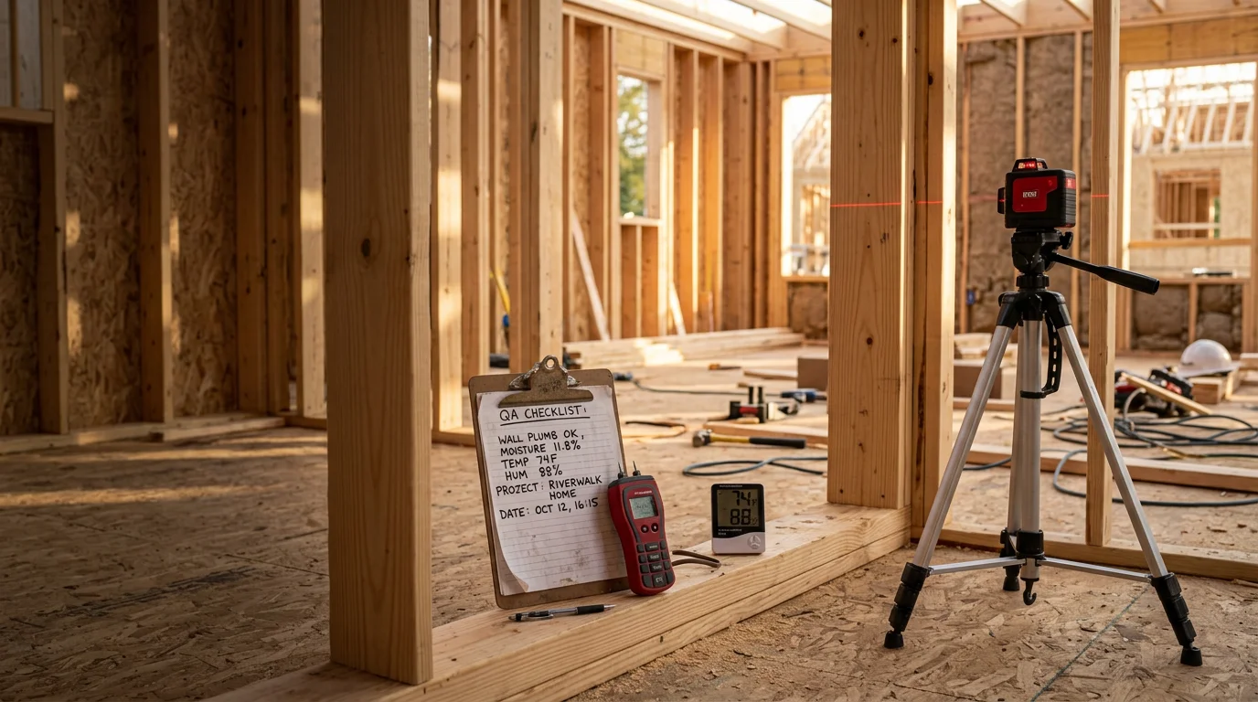 A general contractor performing a detailed on-site quality inspection of framing and structural work at a residential construction project in Chattanooga, TN. The inspector reviews wall framing and rough-in details at close range on an active job site.