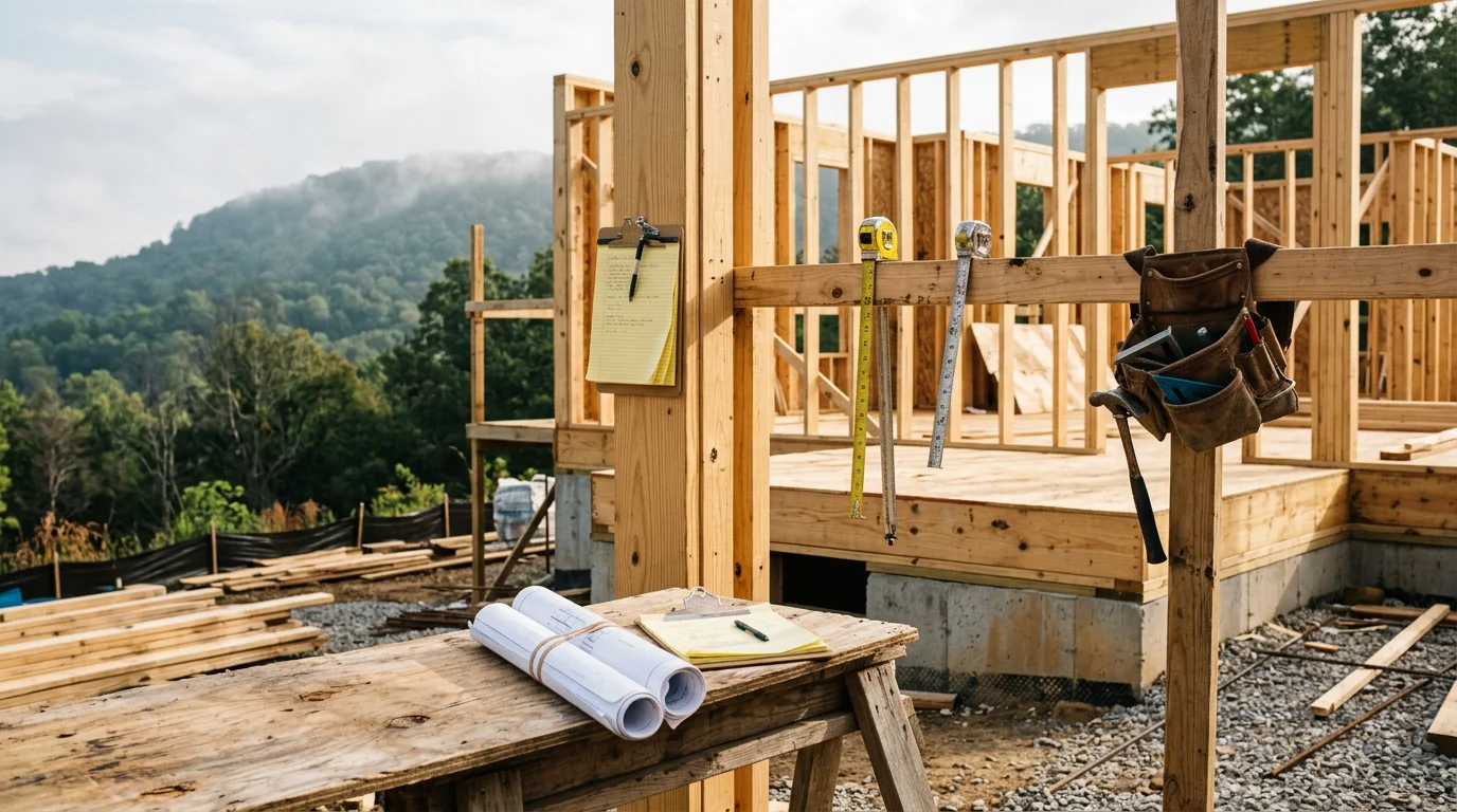 A residential home under active construction in Chattanooga, TN, with framing complete and a construction manager reviewing work on site. The surrounding landscape reflects the hilly terrain common to neighborhoods like Signal Mountain and Lookout Valley.