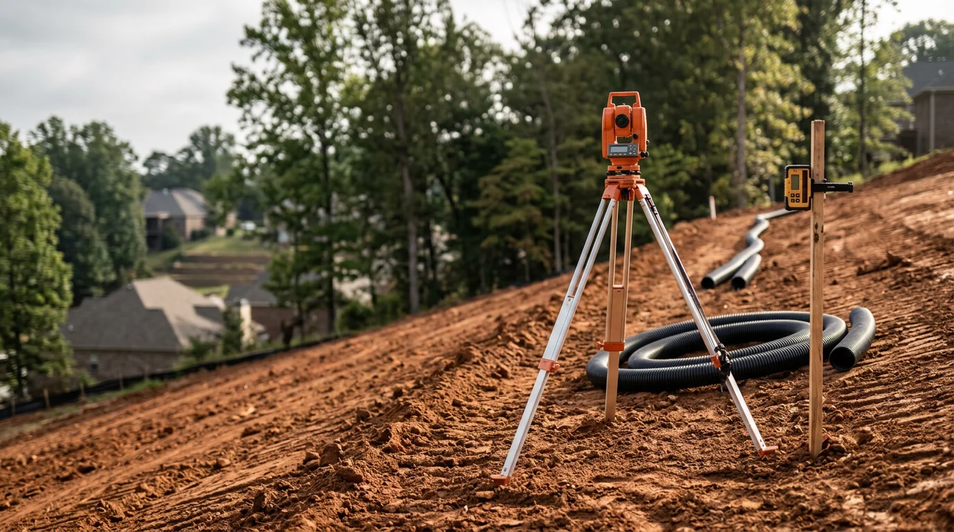 A residential lot in Chattanooga, TN being graded and prepared for new home construction, with sloped terrain visible in the background. Heavy equipment levels the ground while drainage channels are shaped along the site perimeter.