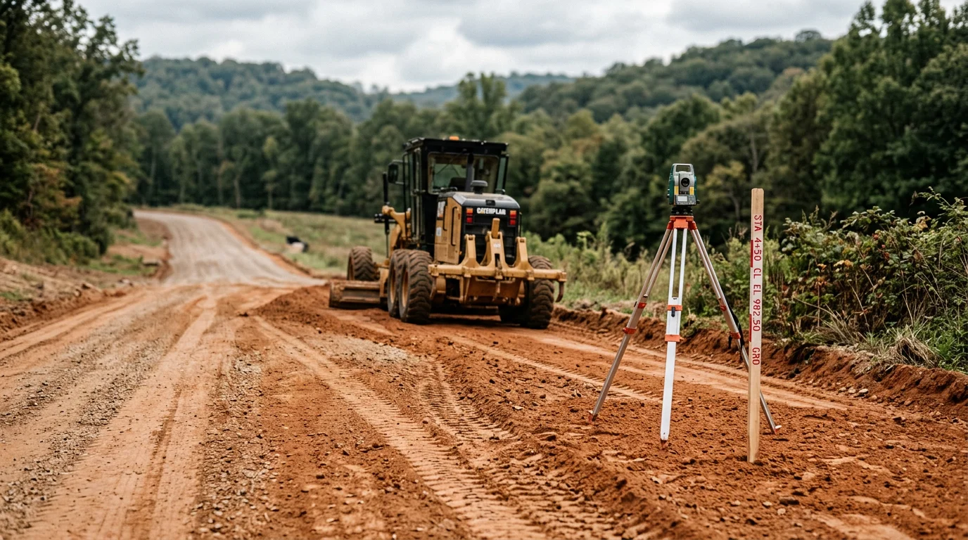 A freshly graded road bed on a Chattanooga, TN development site, showing a smooth compacted sub-base with shaped shoulders and cleared right-of-way ready for paving.