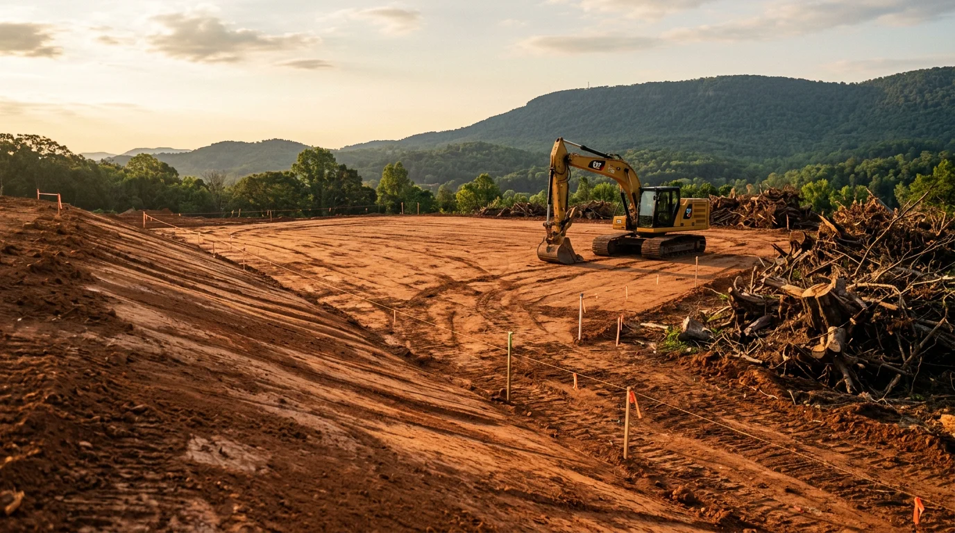 A cleared and graded residential lot in Chattanooga, TN with trees and brush removed and bare soil leveled for construction. The site shows rough grading work complete and the surrounding wooded terrain typical of Hamilton County.